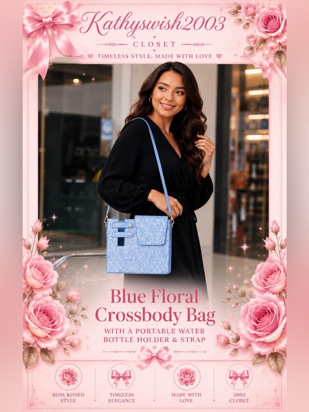 Generisch Blue Floral Crossbody Bag With a Portable Water Bottle Holder & Strap